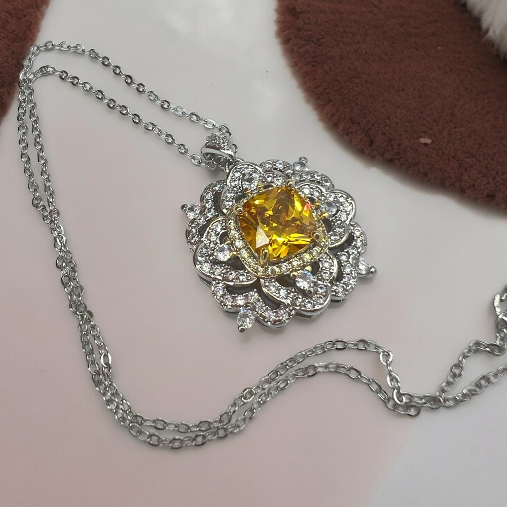 Silver Yellow CZ Silver Pendant Necklace